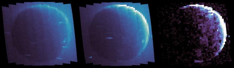 MAVEN images of the Martian atmosphere under normal conditions (left) and with an aurora (middle and right).