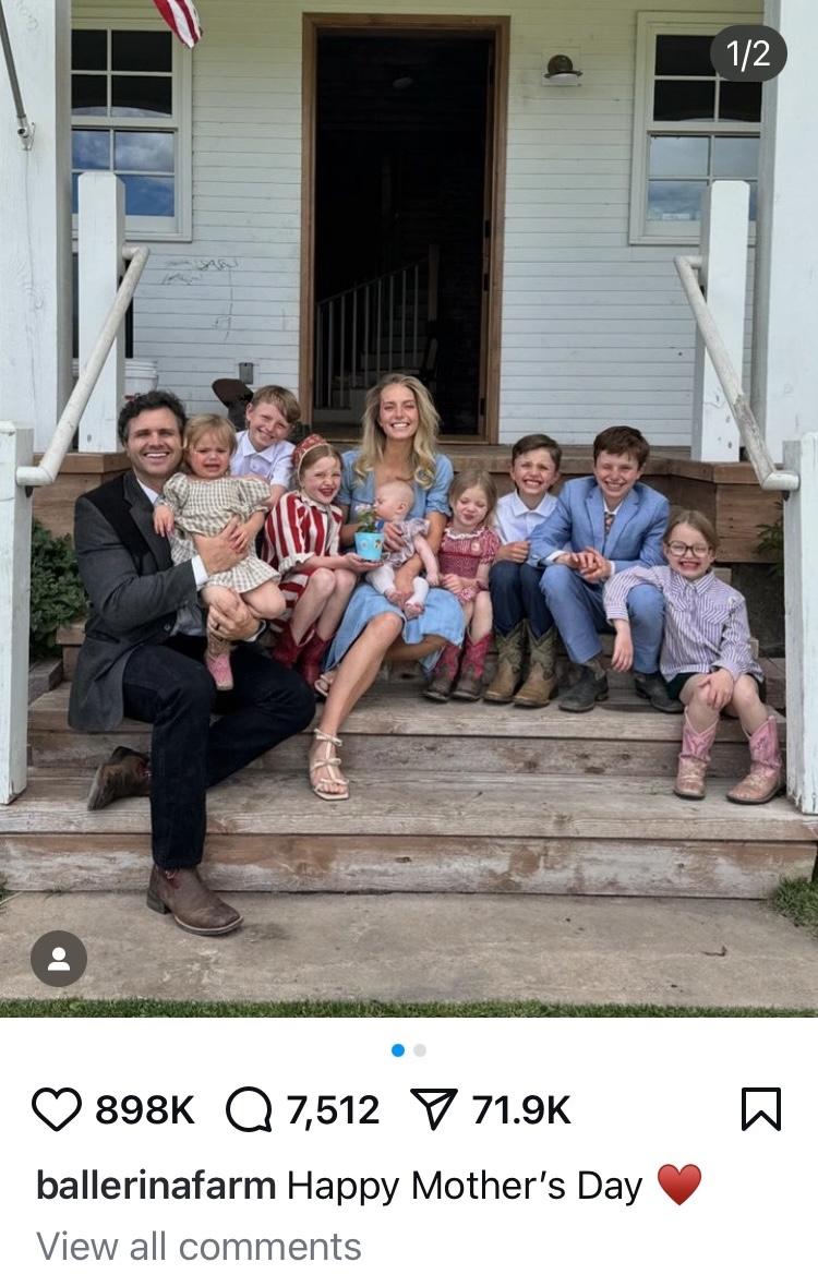 Instagram post from ballerinafarm saying "Happy mothers day" with a photo of a woman and man on a front porch with eight children