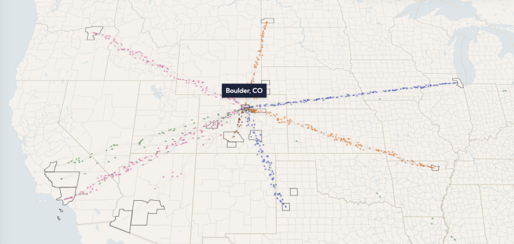 Map with colored dots flowing into Boulder County, Colorado from various points in the U.S.