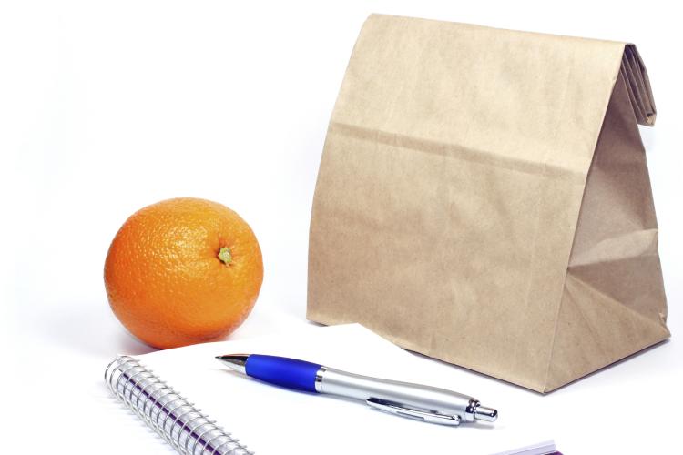 Brown Bag lunch next to a notepad, pen and orange
