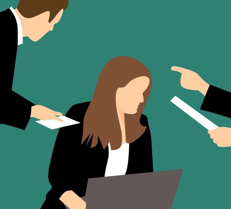 Art of a woman being bullied by male coworkers.