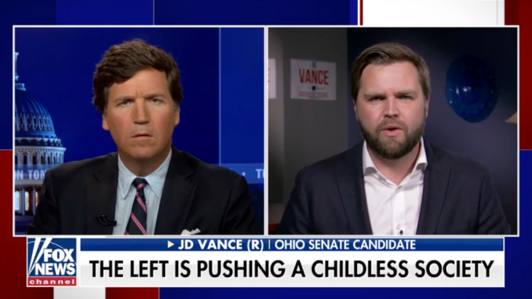 A screenshot of JD Vance on Fox News lamenting 'childless cat ladies'