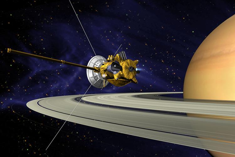 artists concept of Cassini during the Saturn Orbit Insertion (SOI) maneuver