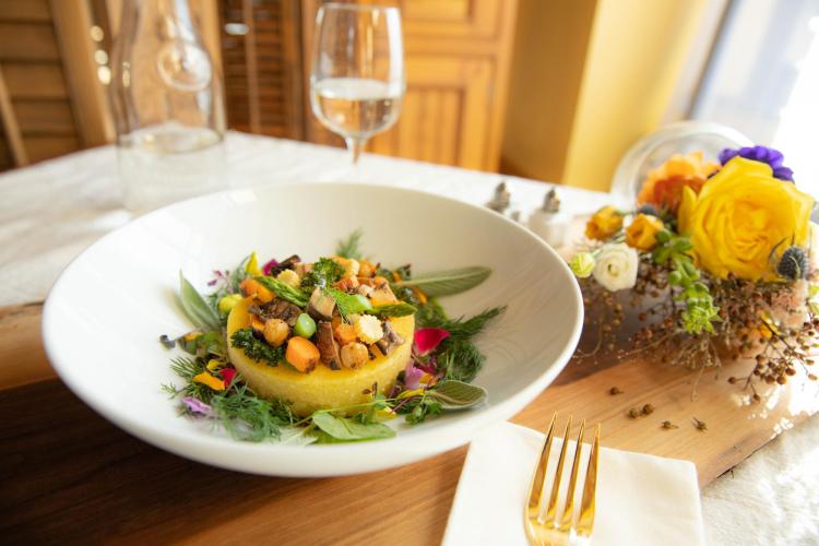 Polenta cake with beautiful herbs and veggies