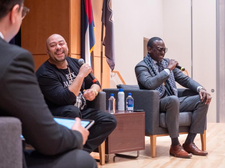Yusef Salaam, right, and Raymond Santana, two of the five "Exonerated Five" who were wrongly convicted of a brutal attack on a Central Park jogger answered questions during an informal Cultural Events Board talk at the University Memorial Center on March 10. 2020. (Photo by Glenn Asakawa/University of Colorado)