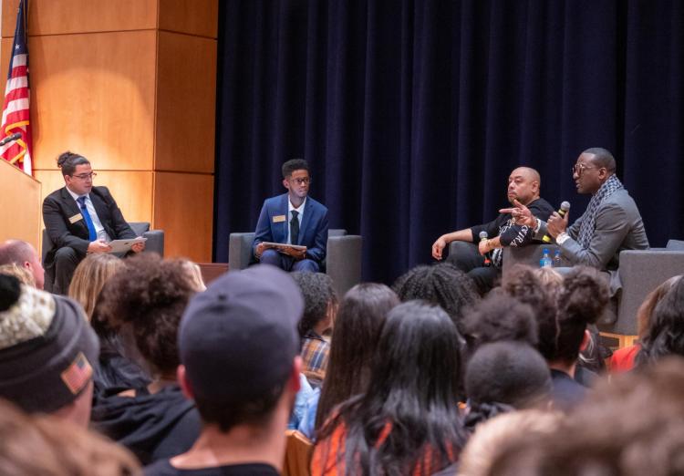 Yusef Salaam, right, and Raymond Santana, two of the five "Exonerated Five" who were wrongly convicted of a brutal attack on a Central Park jogger answered questions during an informal Cultural Events Board talk at the University Memorial Center on March 10. 2020. (Photo by Glenn Asakawa/University of Colorado)