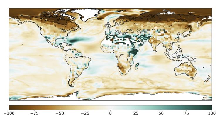 A map showing the changes in the productivity of ecosystems around the world in the second year after a nuclear war between India and Pakistan. Regions in brown would experience steep declines in plant growth, while regions in green could see increases.