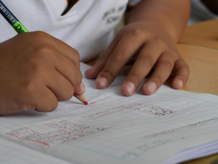 A child's hands as he or she does homework