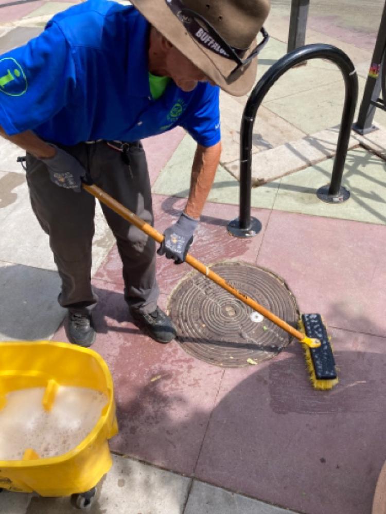 Ambassador washing a sidewalk on the Hill