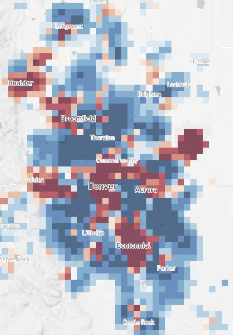 A mobility map of Colorado's Front Range showing areas where there are fewer people than normal link Denver, Boulder and Centennial in red, and areas where there are more people than normal like many suburban areas in blue