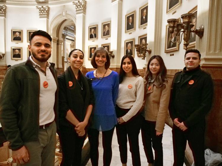 Left to right, CU Boulder students Michael Nothem, Gwendalynn Roebke, Lluvia Macias, Janet Lee and José Gutierrez with State Senator Tammy Story