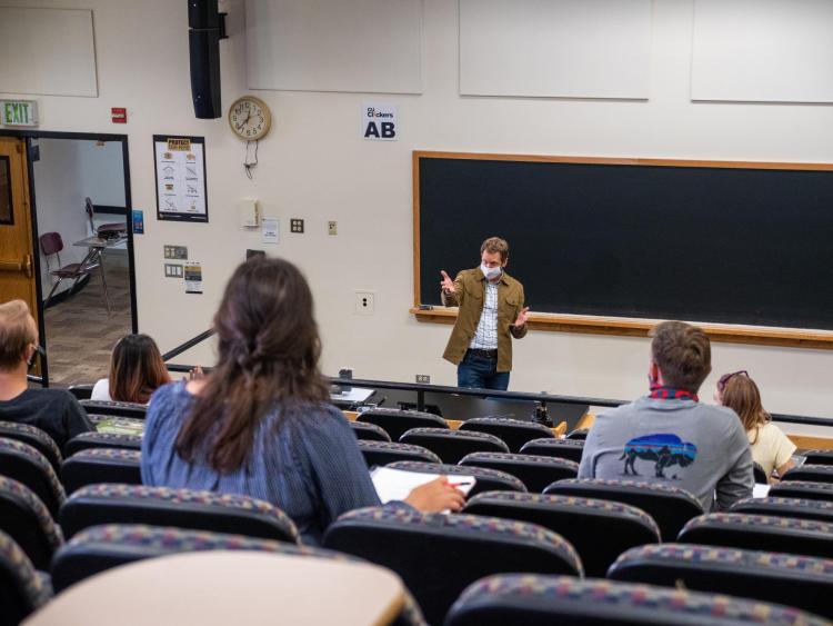 A campus lecture hall with distancing measures in place.