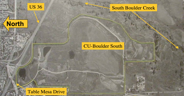 An aerial view of the CU South property, indicating the boundaries and major landmarks such as US 36