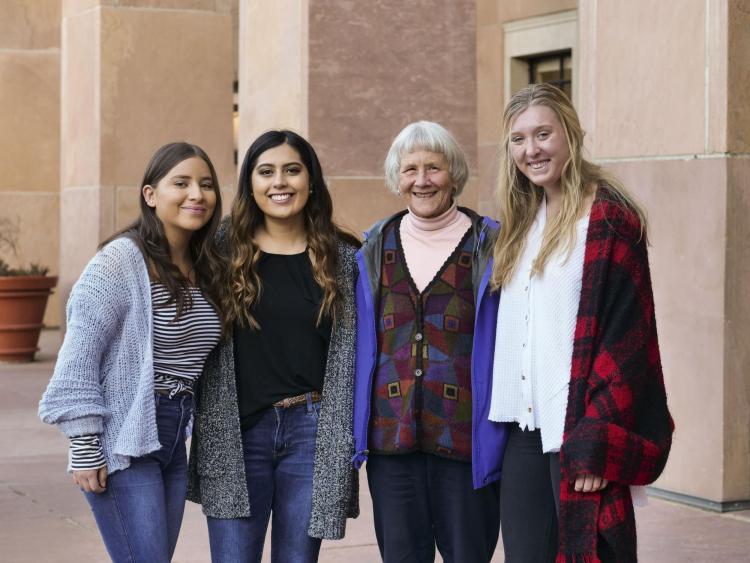 Senior students and Distinguished Professor of History Emerita. (From left to right: Esmeralda Castillo-Cobian, Diana Bustamante-Aguilar, Marjorie McIntosh and Cecilia Donovan.)