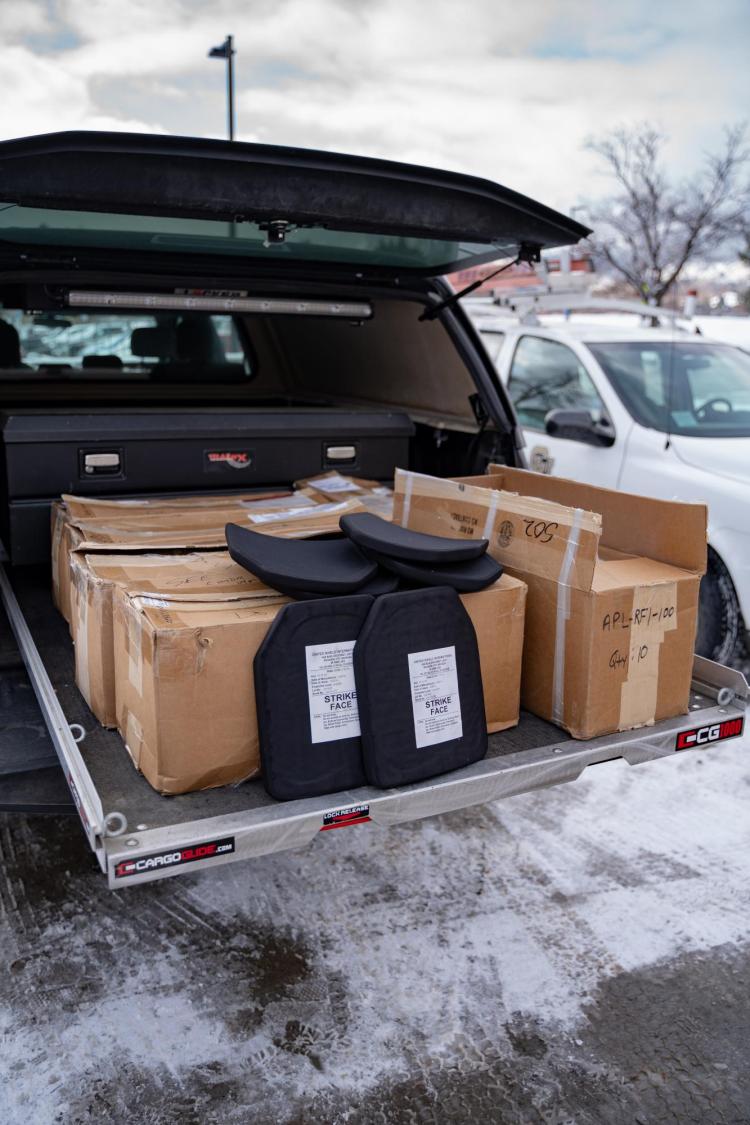 CUPD body gear loaded up in a truck