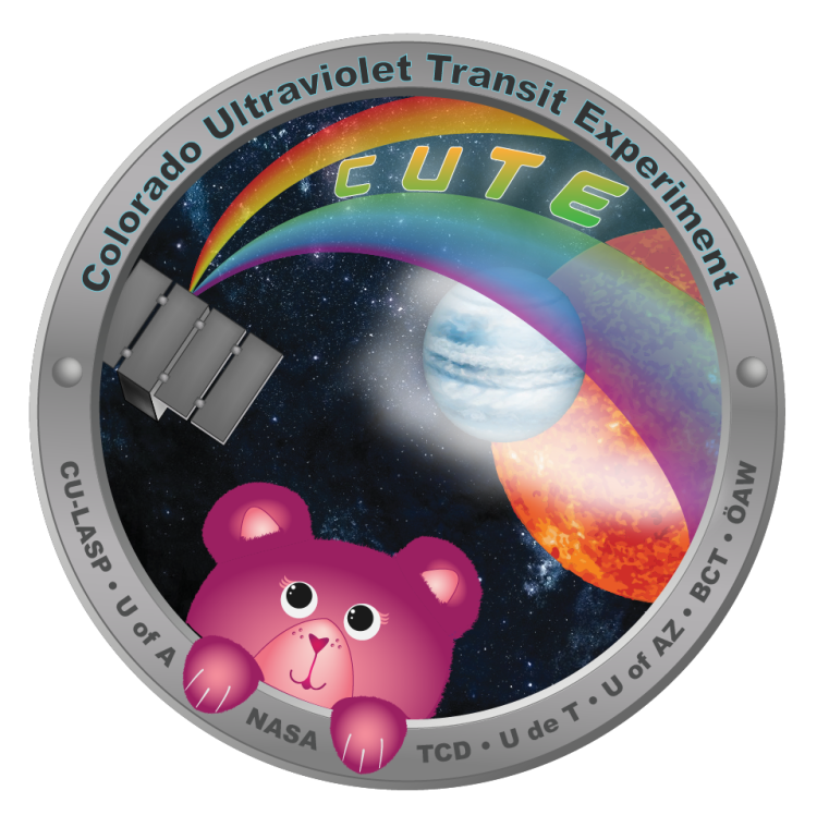Round patch with a cartoon bear, reading: "Colorado Ultraviolet Transit Experiment"