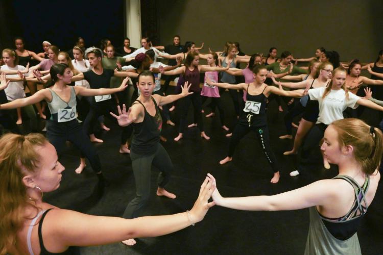 Erika Randall works with area dancers during High School Dance Day in the Theatre & Dance department Photo by Casey A. Cass.