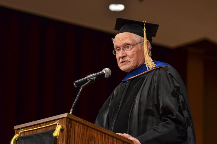 Dave Grusin delivering commencement address to the College of Music at CU Boulder
