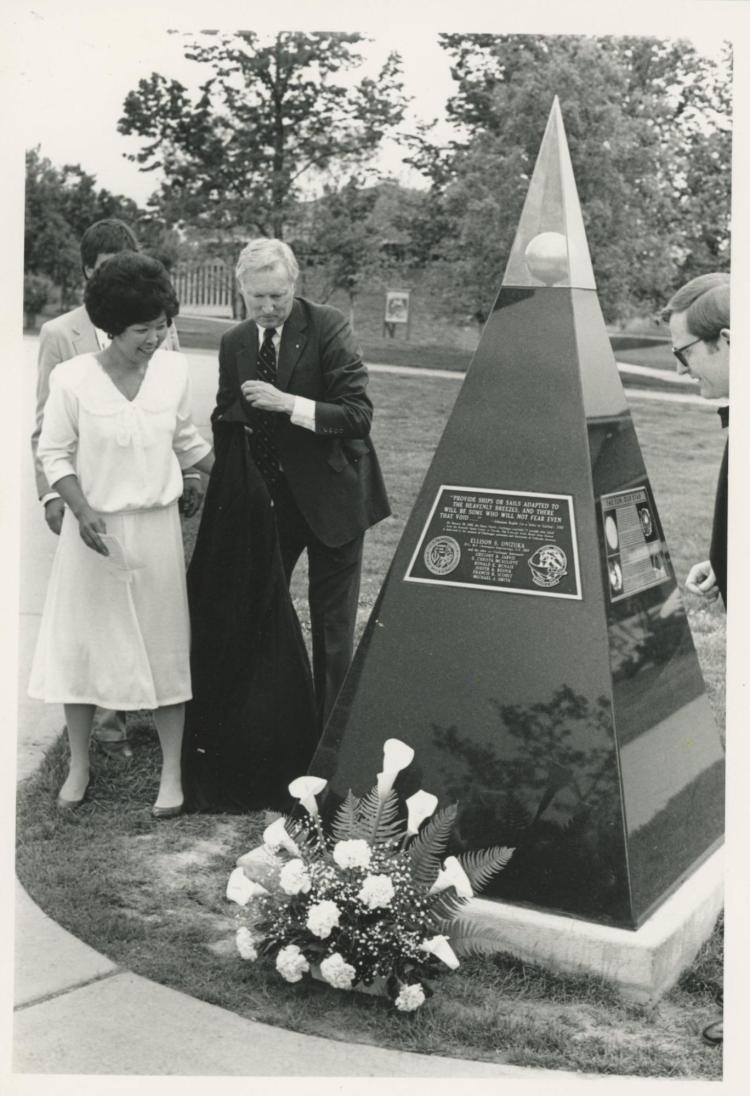 From left to right, Lorna Onizuka, widow of Ellison Onizuka, CU Boulder Chancellor James Corbridge and CU System President E. Gordon Gee attend the unveiling of the original Colorado Scale Model Solar System in 1987. 