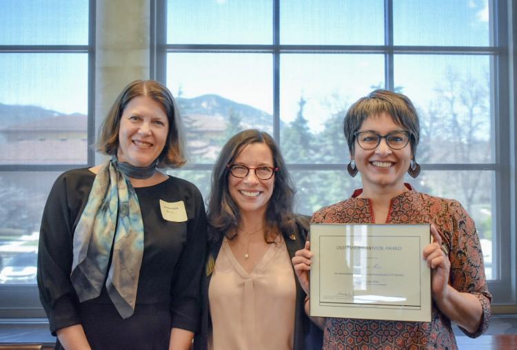 Awardee Deepti Misri (right) with Vice Chancellor Michele Moses (center) and Vice Chancellor Ann Schmiesing (left)