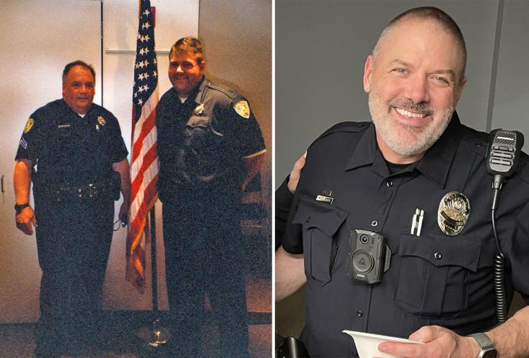 Detective Tim DeLaria and Sergeant Matt DeLaria at his police academy graduation in 1999 next to a present-day photo of Matt