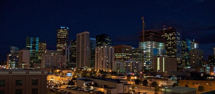 Panorama of the Denver skyline at night
