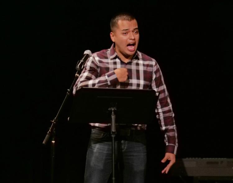 A performer presents a monologue during the MOTUS Theater UndocuAmerica; Monologues performance at the 2019 Diversity and Inclusion Summit at CU Boulder. (Photo by Casey A. Cass/University of Colorado)