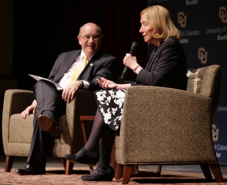 Presidential historian and Pulitzer Prize-winner Doris Kearns Goodwin answers Chancellor Phillip DiStefano’s questions during the Leo Hill Leadership Speaker Series in Macky Auditorium at CU Boulder. (Photo by Casey A. Cass/University of Colorado)