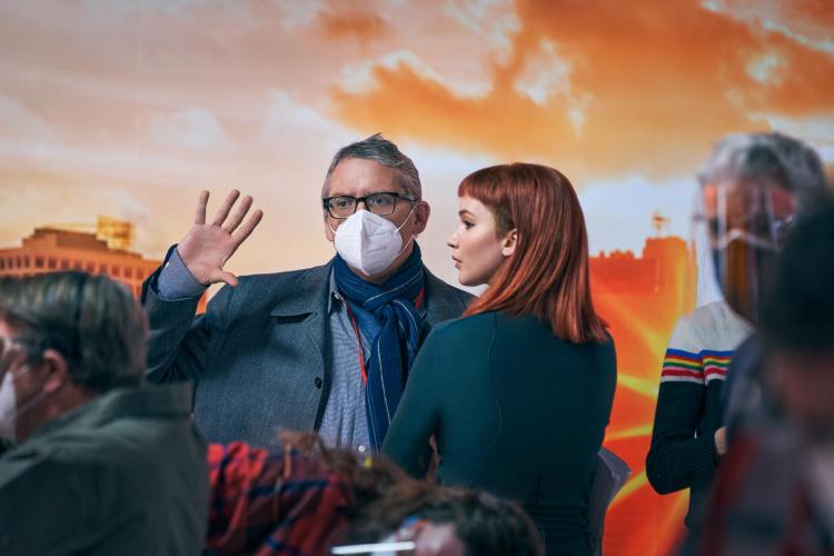 Adam McKay directs a scene in the movie 'Don't Look Up'