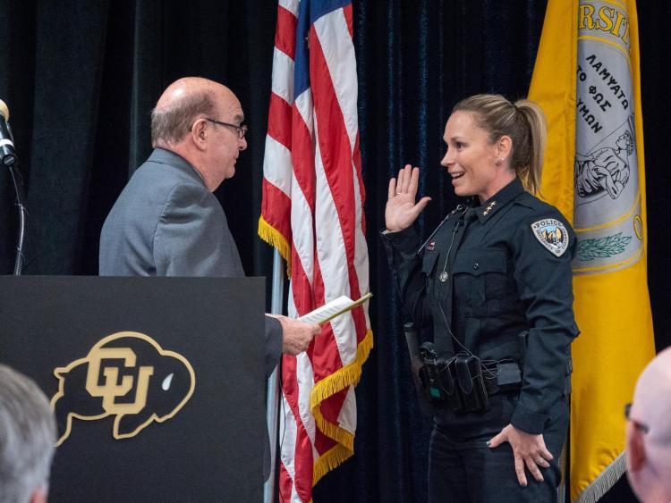 CU Boulder Police Chief Doreen Jokerst takes her oath of service with Chancellor Phil DiStefano during a swearing-in ceremony in 2018