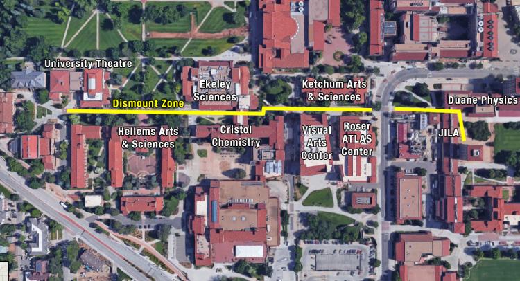 Engine Alley dismount zone starting at the University Theatre and Museum Collections plaza moving east to the JILA and Duane Physics breezeway