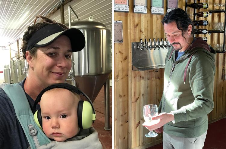 Sie-by-side photos of Elizabeth Philbrick with her baby and Jared Scott inspecting a glass of cider