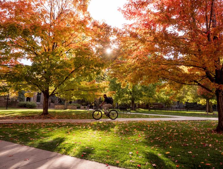 Student rides bike across campus