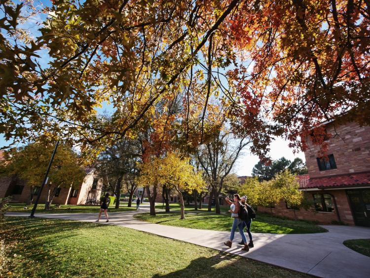 students walking on campus with fall foliage