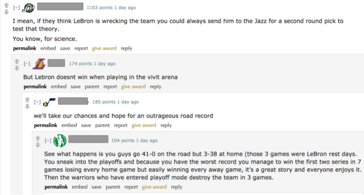 Screenshot from Reddit's r/nba platform of fans getting into it over that perennially favorite basketball topic: the legacy of LeBron James.