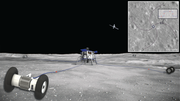 Graphic showing rolling robots spooling out antennas on the moon's surface, with an inset showing the spiral shape of that antenna array from above.