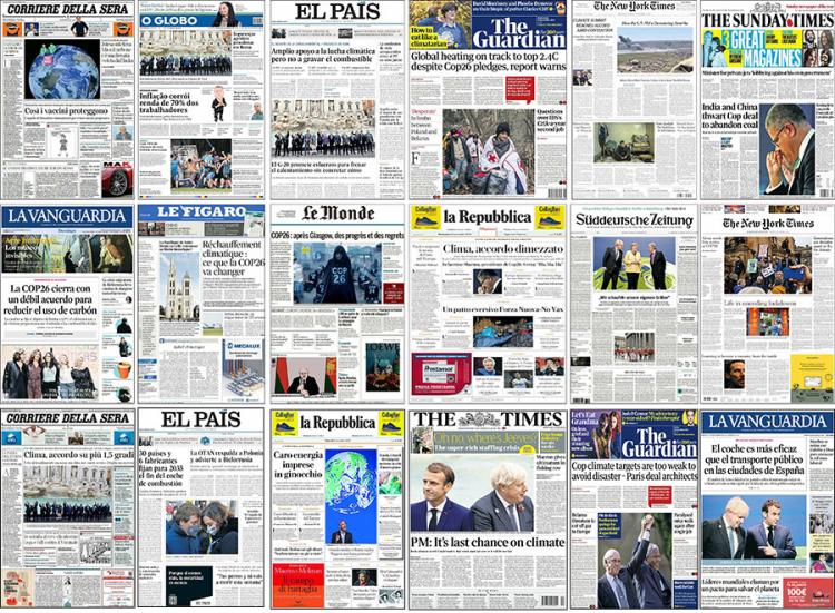 Front page coverage of COP26 around the world at various points of the two-week negotiations.