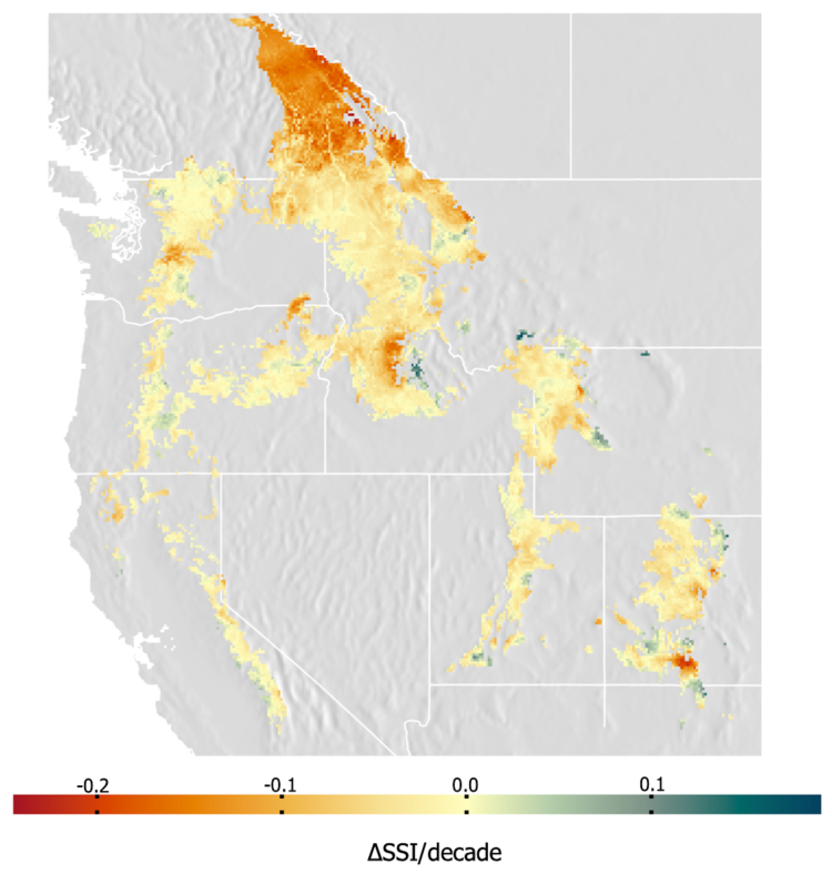 2% of mountainous western North America has shown a decline in Snow Storage Index from 1950-2013.