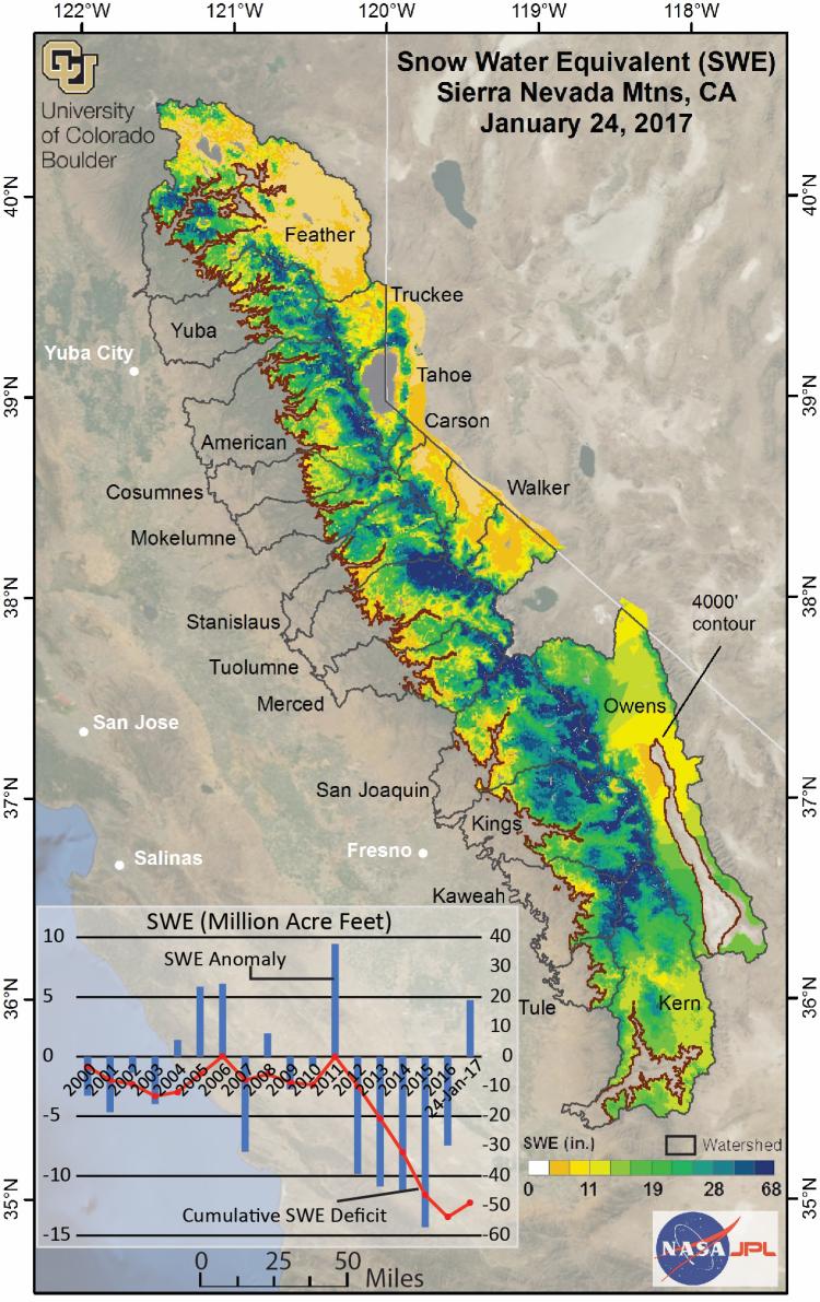 A map showing snow-water equivalent totals in California's Sierra Nevada range as of Jan. 24, 2017