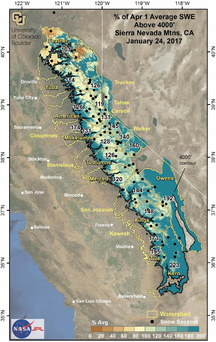 A map showing snow-water totals in California's Sierra Nevada Range, expressed as a percentage of historical April 1 averages.