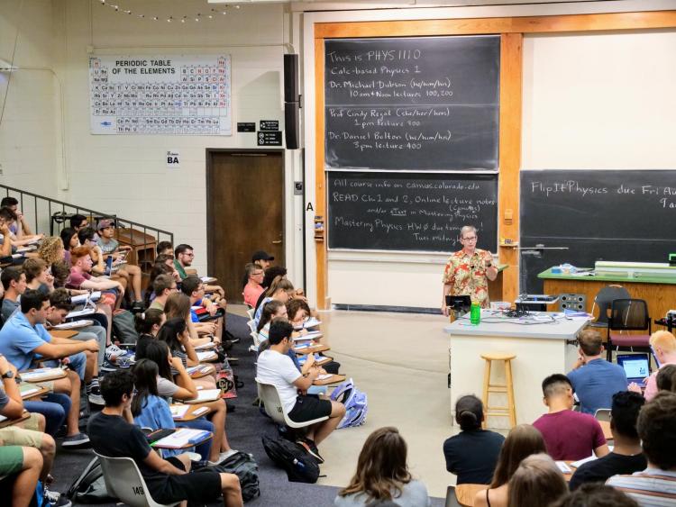 Students attending class on the first day of the fall 2019 semester. (Photo by Patrick Campbell/University of Colorado)