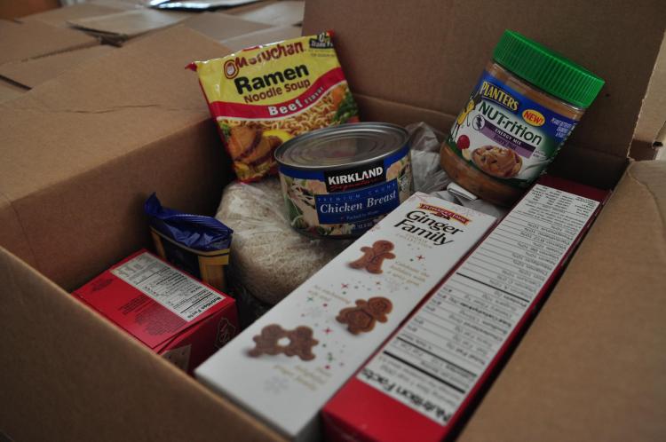 Inside a box of donated non-perishable foods