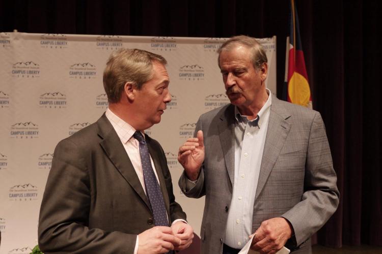 Former President of Mexico Vicente Fox, right, and Brexit architect Nigel Farage discuss nationalism vs. globalism. Photo by Casey A. Cass.