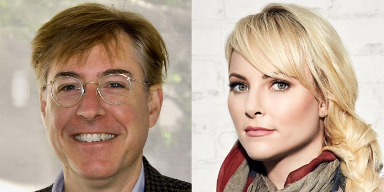 A split image of separate portraits with Thomas Frank pictured left and Meghan McCain pictured right.