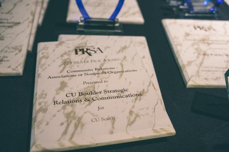 Award plaque for a Silver Pick in the Community Relations category for CU Boulder South