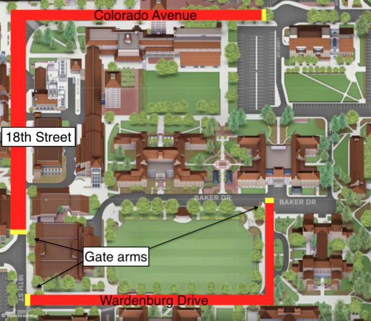 Gate arms to limit vehicle traffic through central campus CU Boulder