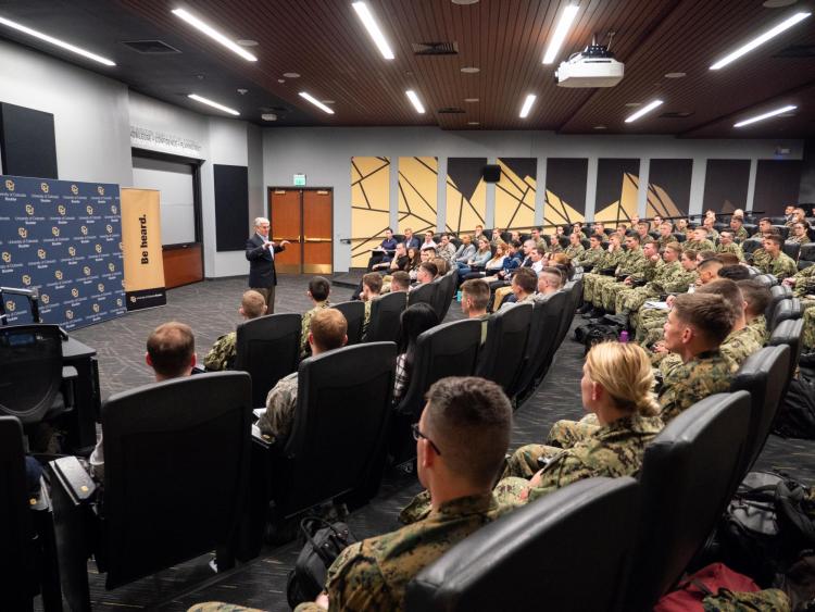 Retired Gen. George W. Casey Jr. speaks to ROTC and leadership students at CU Boulder