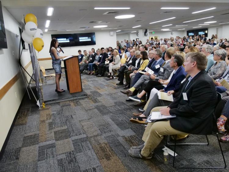 Engineering and business student Paula Pulido speaks at groundbreaking event