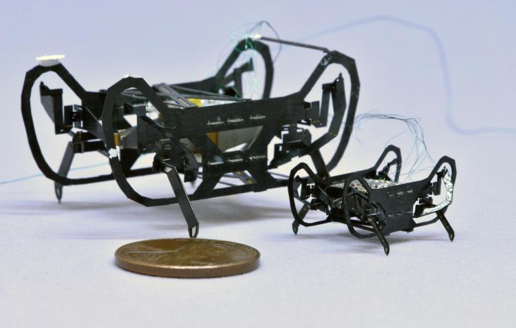 HAMR-Jr poses next to its predecessor, HAMR-IV, with a penny shown for scale.