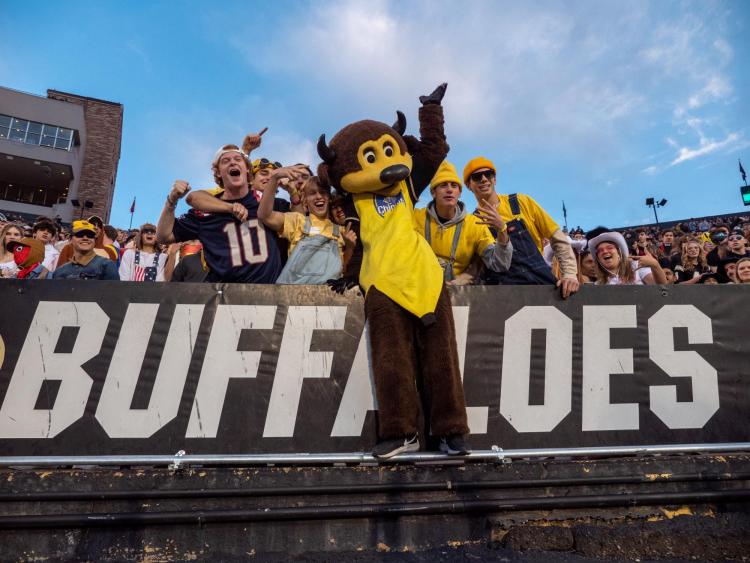 Chip the buffalo mascot stands on the sideline cheering with fans